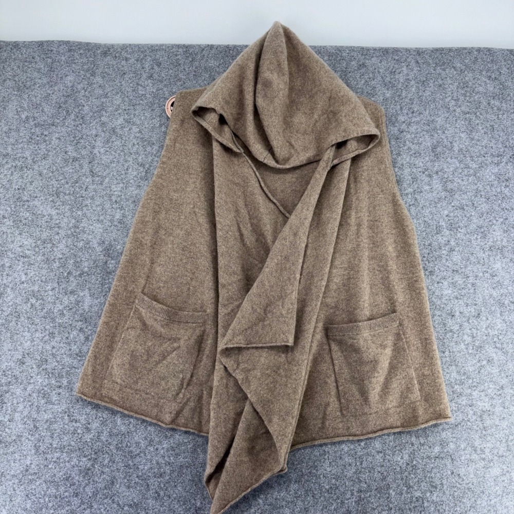 Joie 100% Cashmere Hooded Draped Vest Taupe Brown Open Front Pocket 246-7473B M